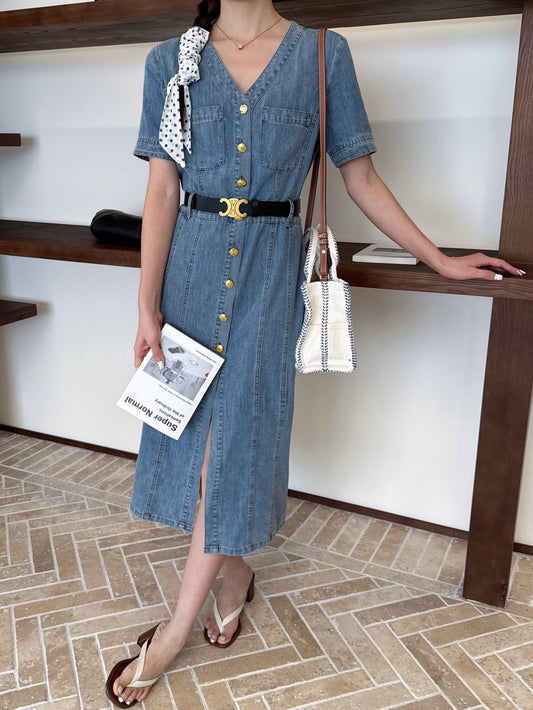 Cel* 25ss V neck belted denim dress