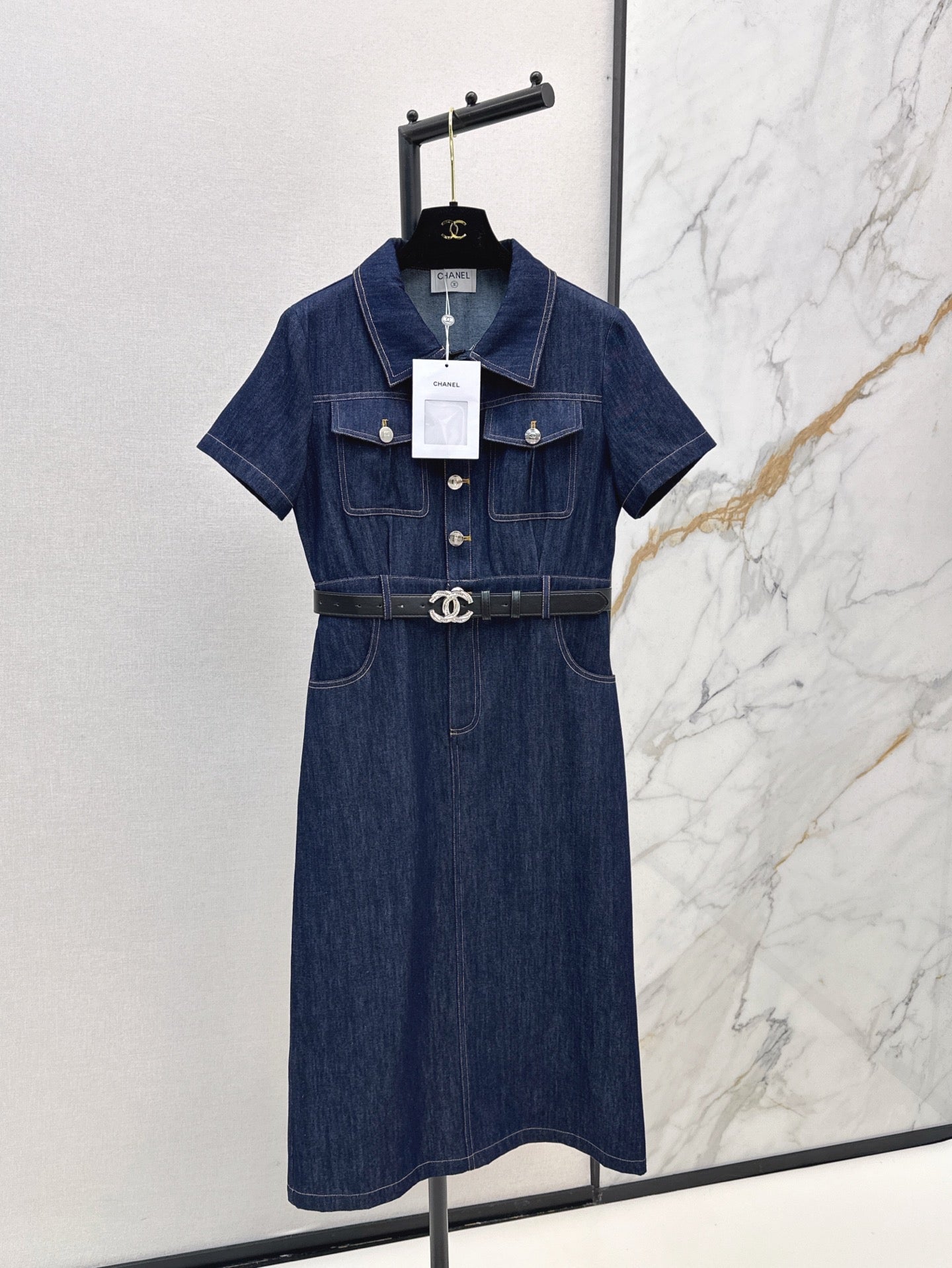 Cel* 25ss belted denim mini dress with buttons