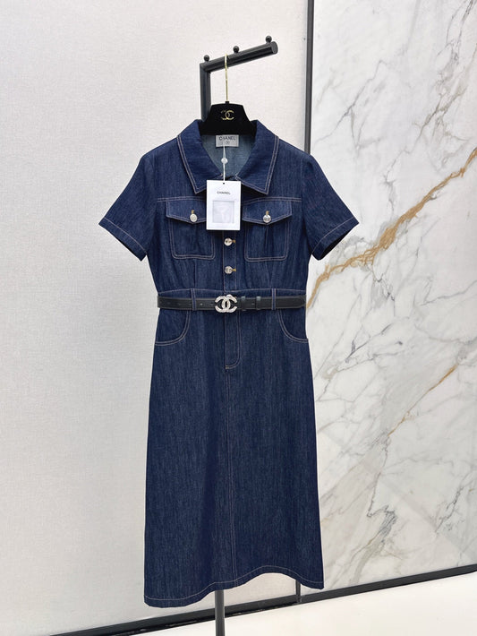 Cel* 25ss belted denim mini dress with buttons