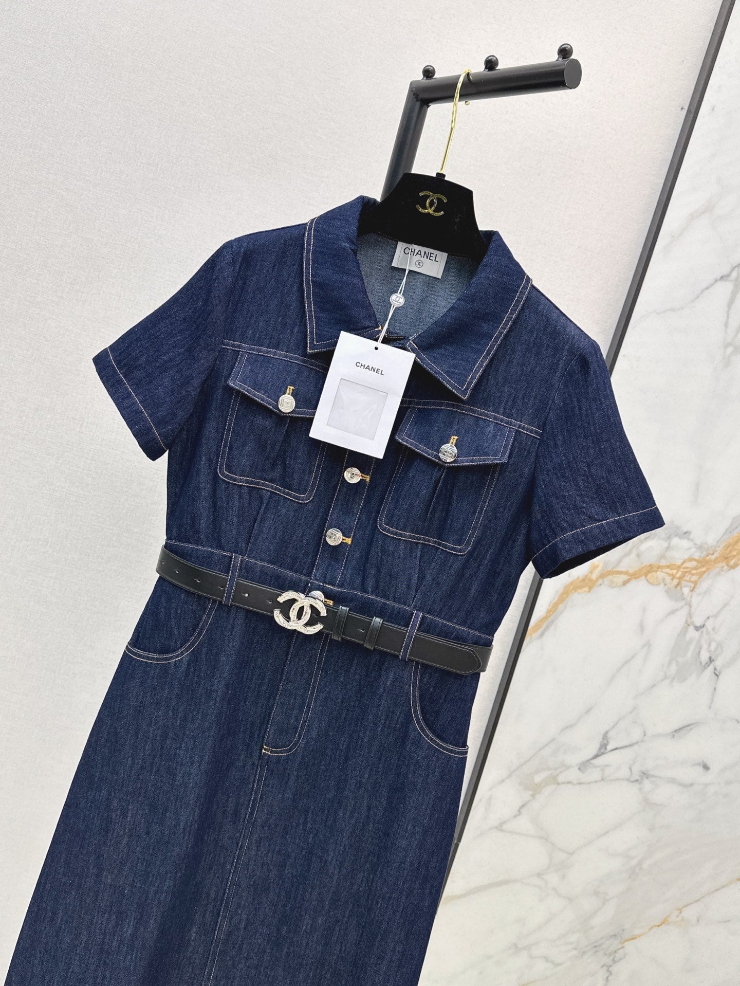 Cel* 25ss belted denim mini dress with buttons