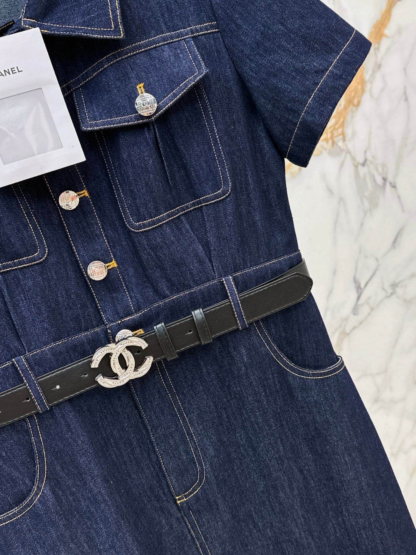 Cel* 25ss belted denim mini dress with buttons