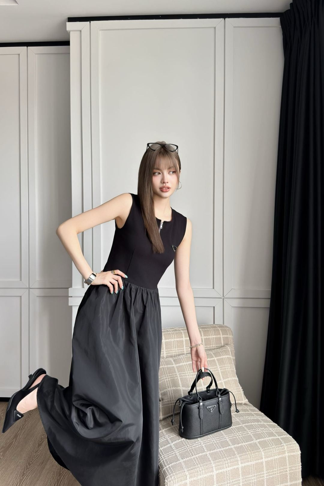 Pra* 25ss half-zip panel nylon dress