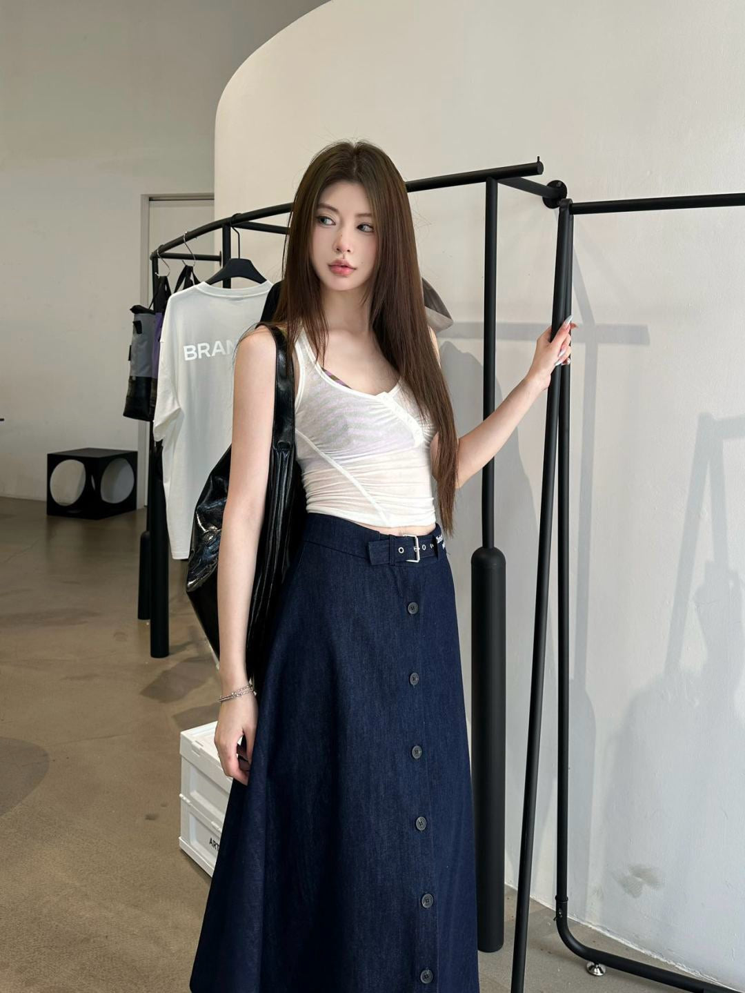 D*r 25ss mid-length embroidered waist denim skirt