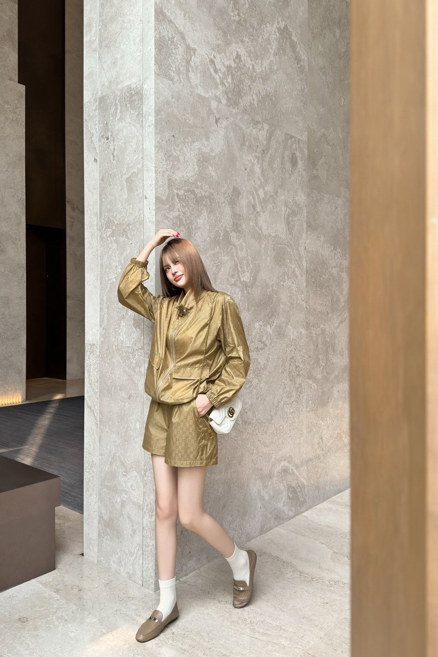 Gu* 25ss GG printed zip jacket and shorts suit