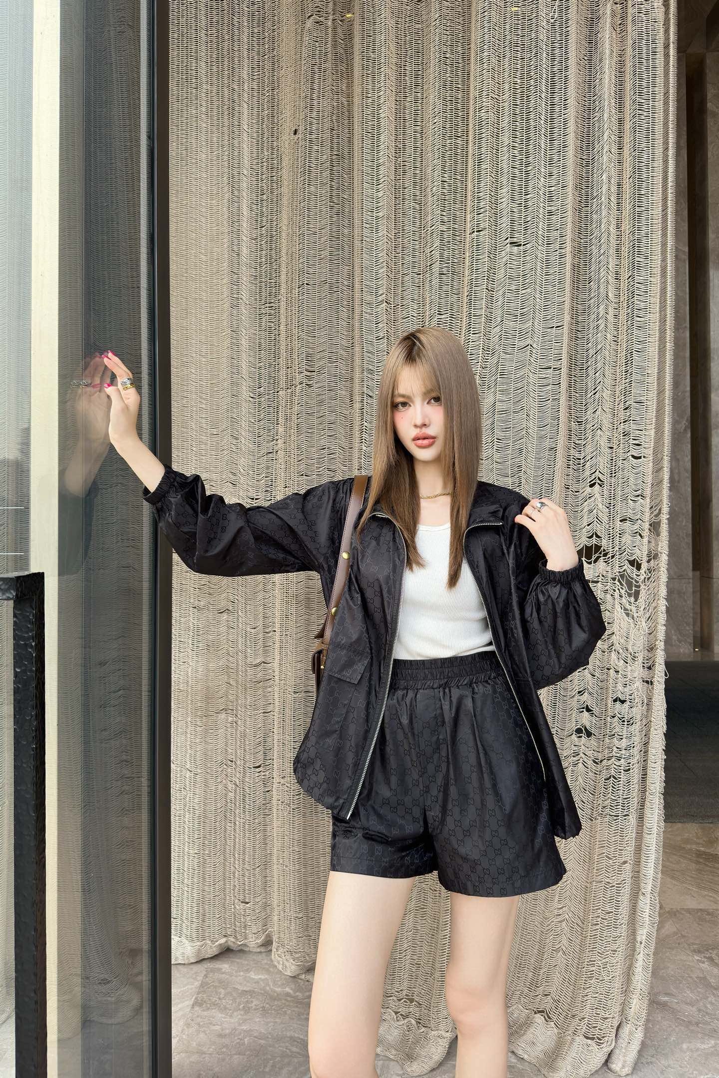 Gu* 25ss GG printed zip jacket and shorts suit