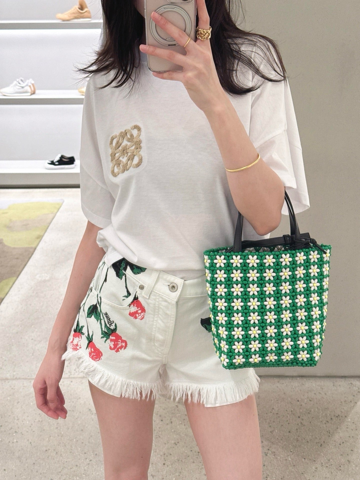 Loe*25ss floral motifs denim shorts