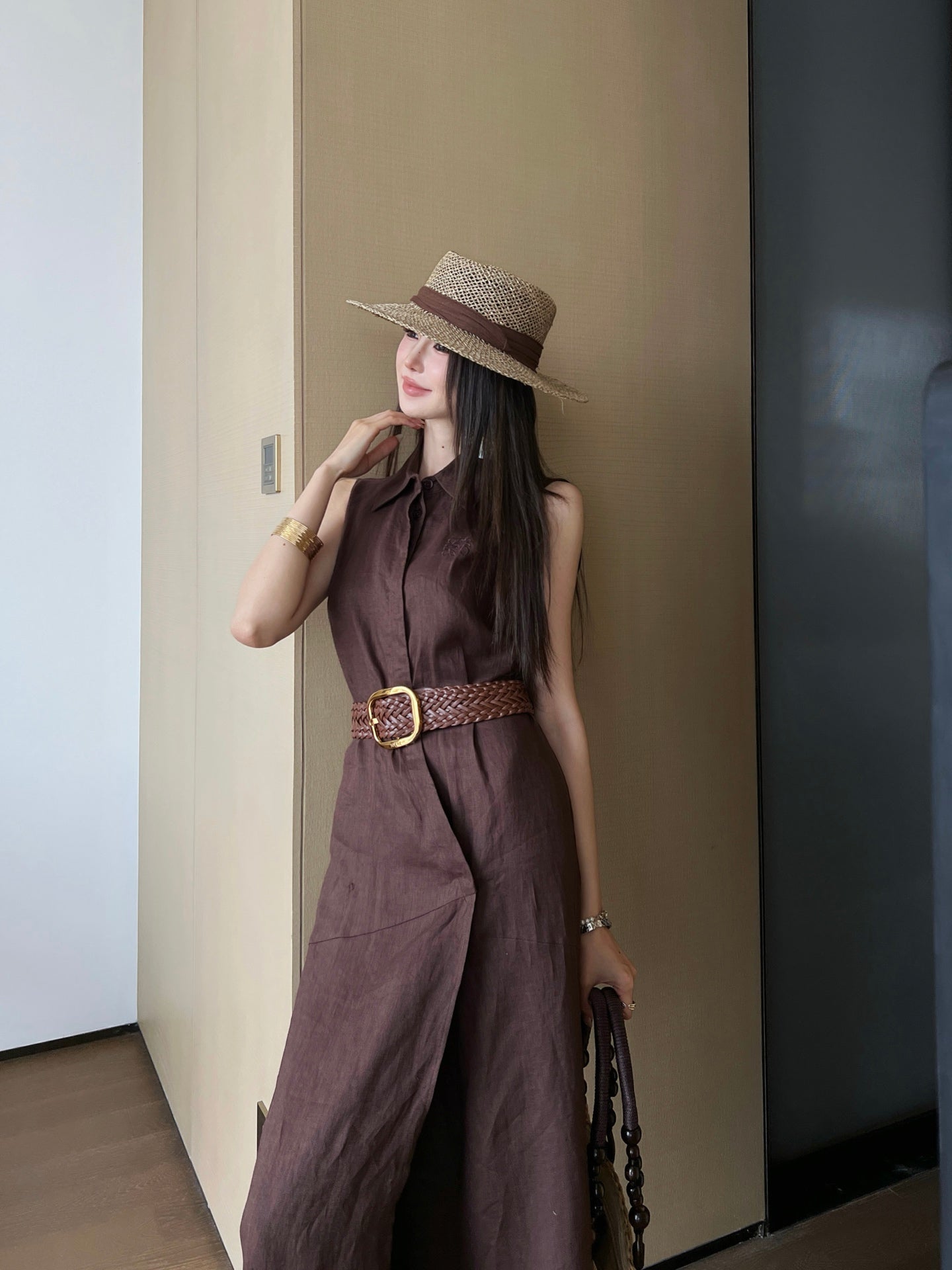 Loe* 25ss long linen belted dress
