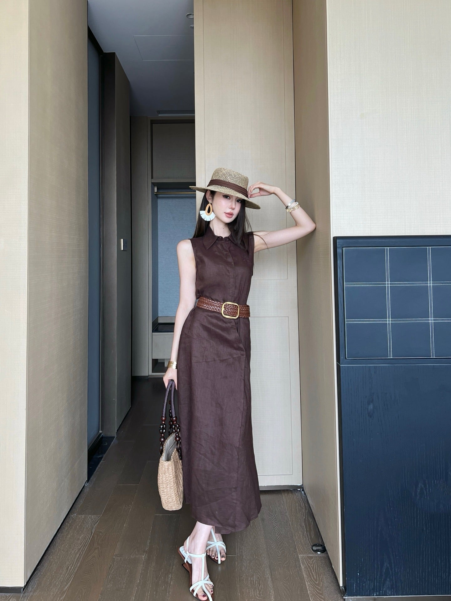 Loe* 25ss long linen belted dress