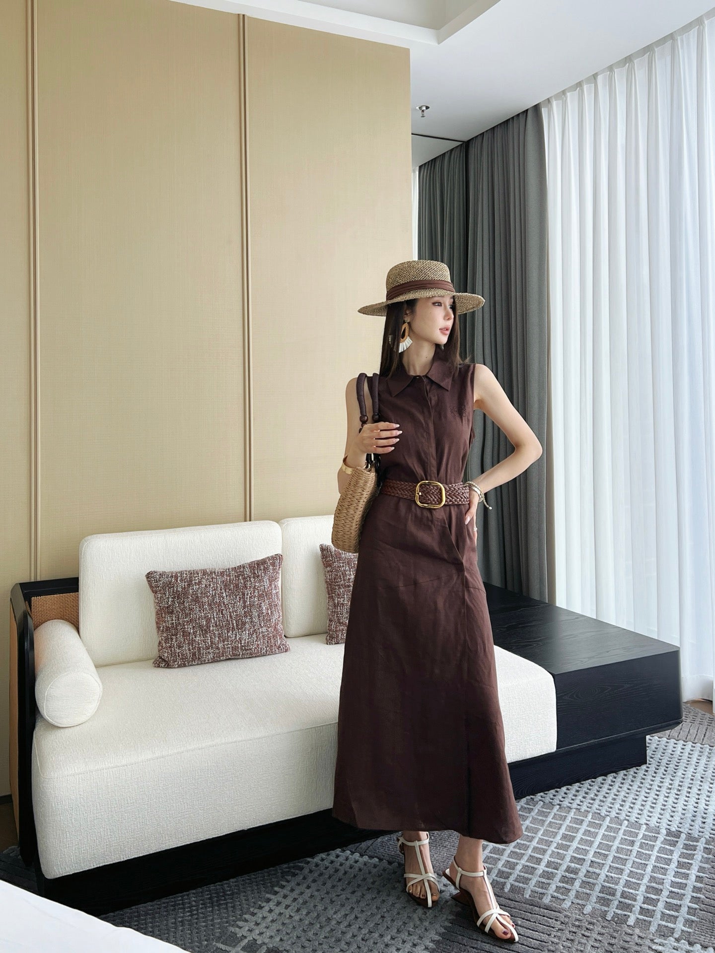 Loe* 25ss long linen belted dress