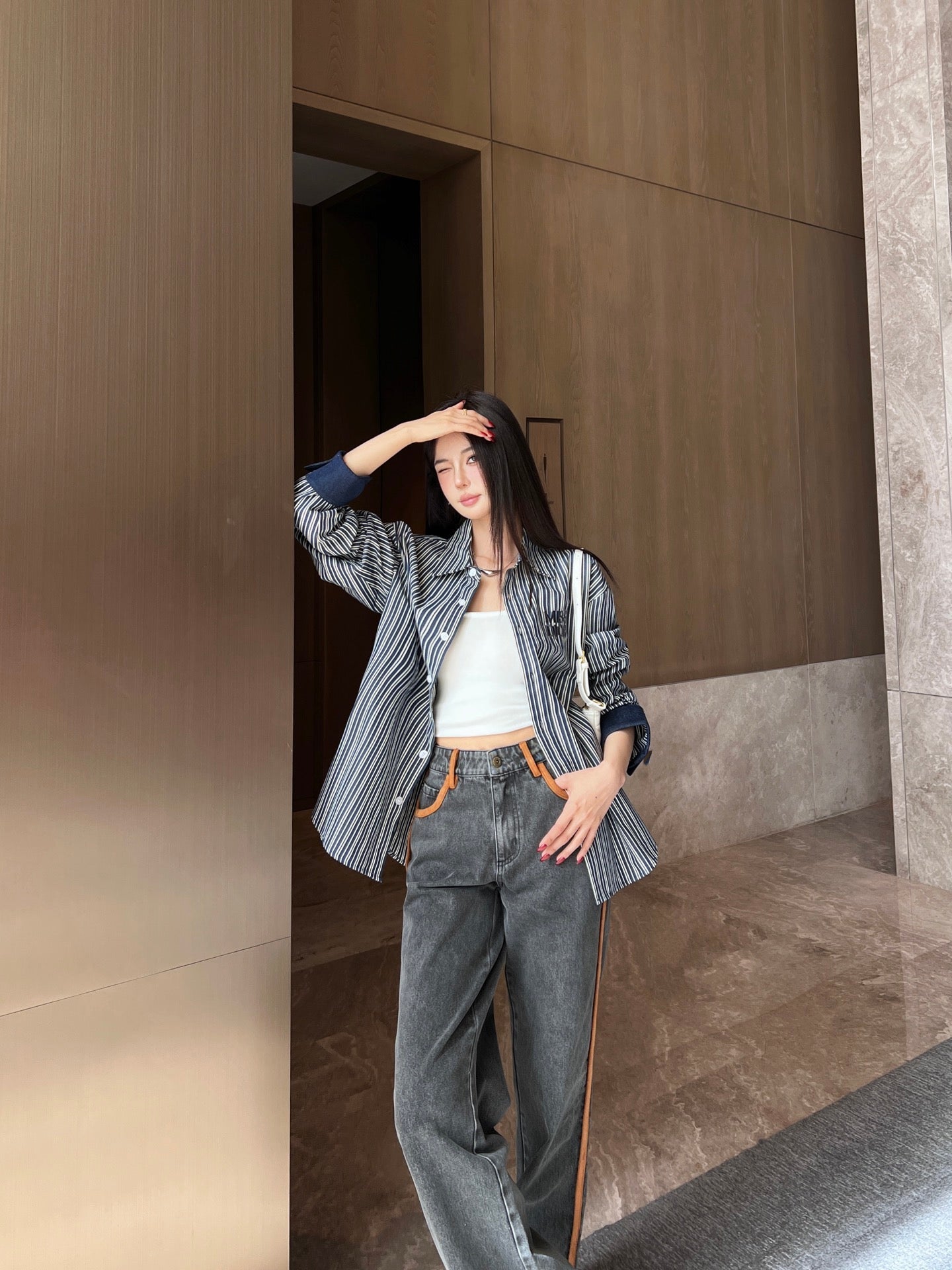 M*u 25ss denim and leather jeans