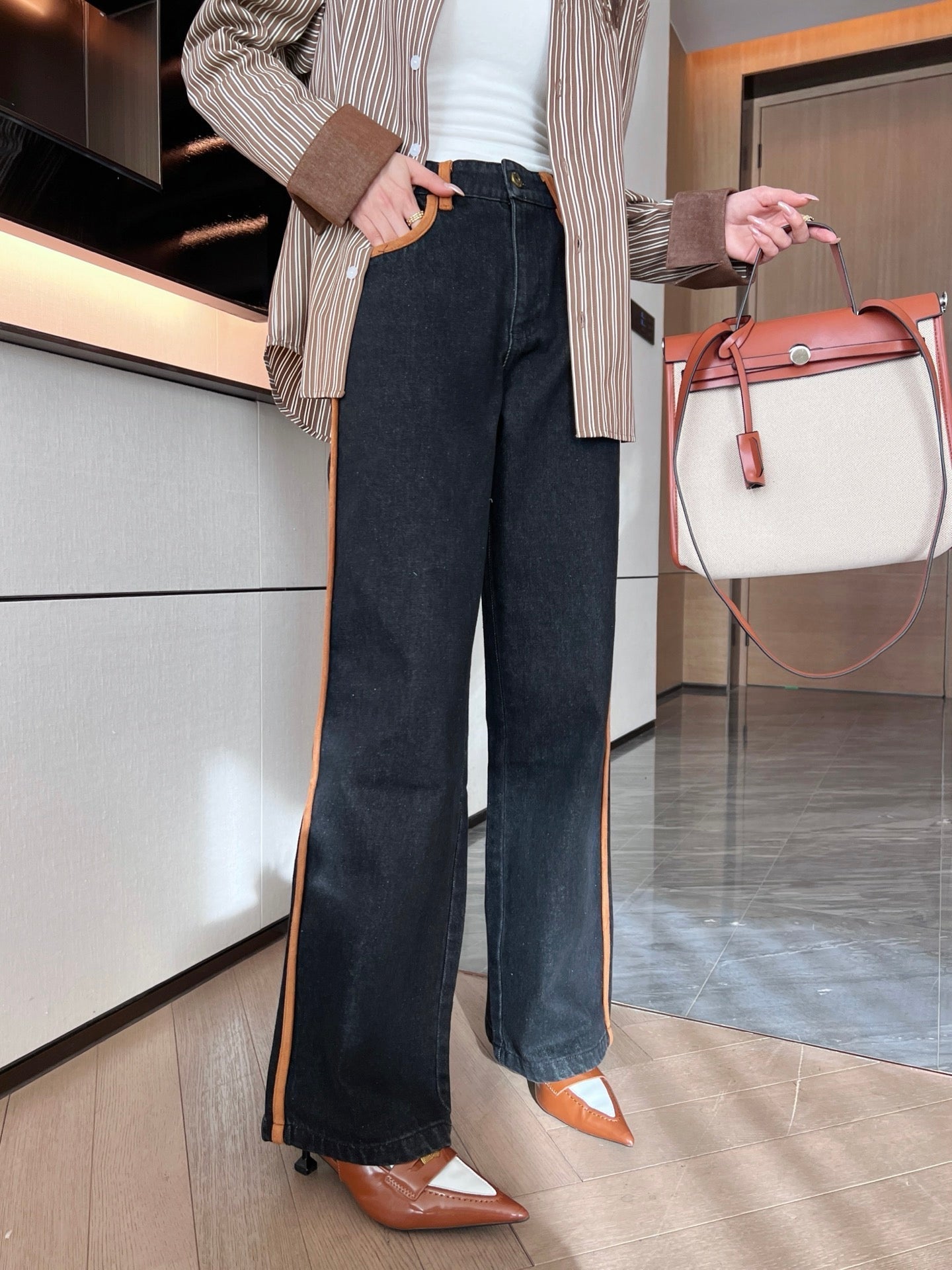 M*u 25ss denim and leather jeans