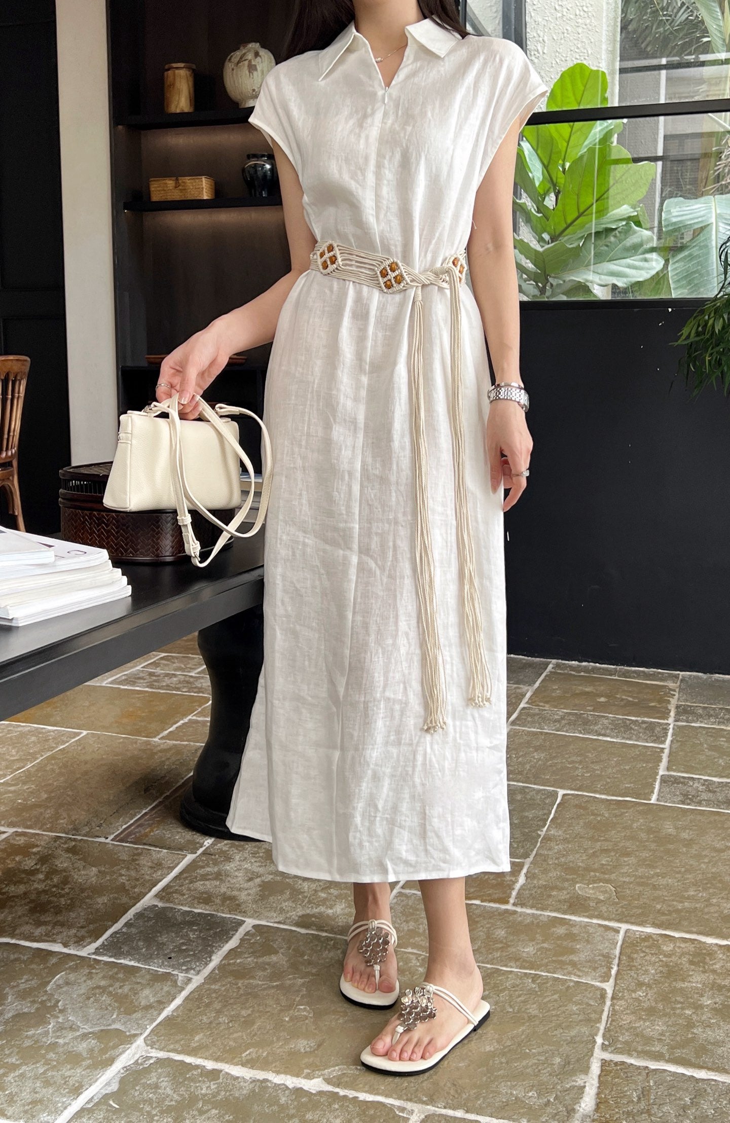 Lor*P 25ss linen tied belt shirt dress