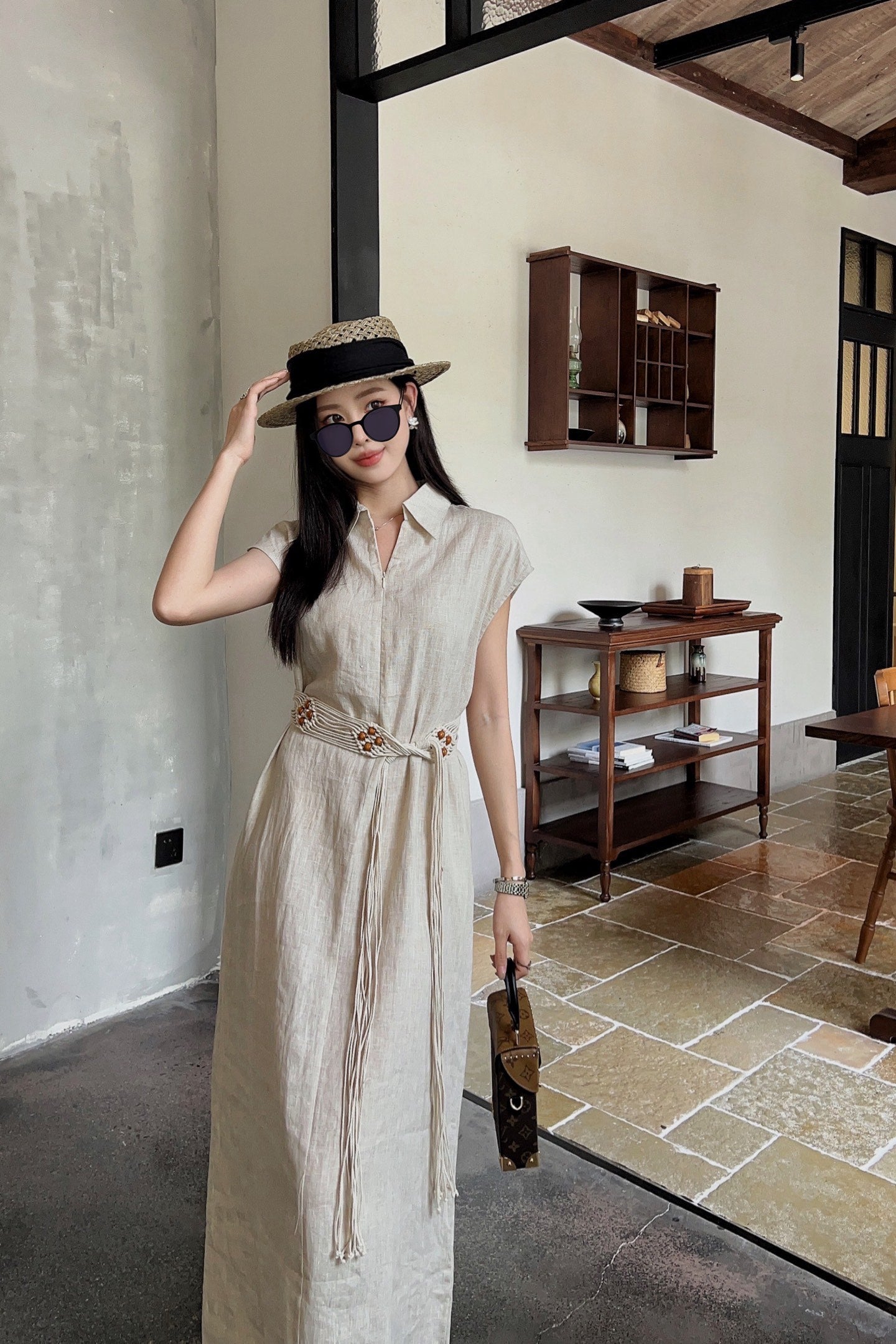 Lor*P 25ss linen tied belt shirt dress