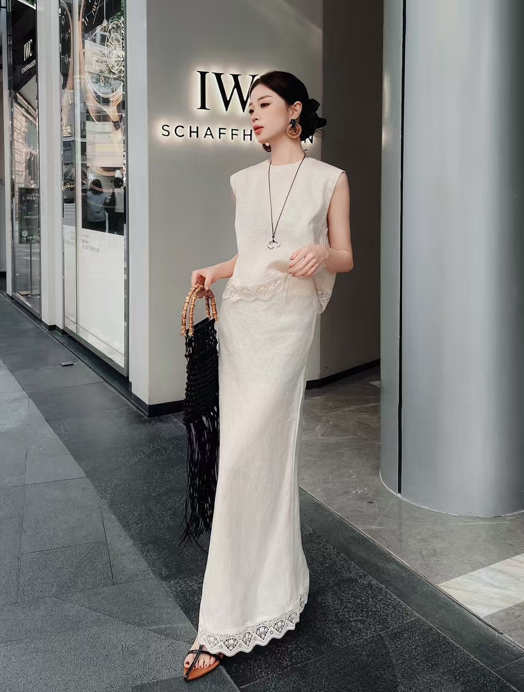 Lor*P 25ss lace trim vest and long skirt suit