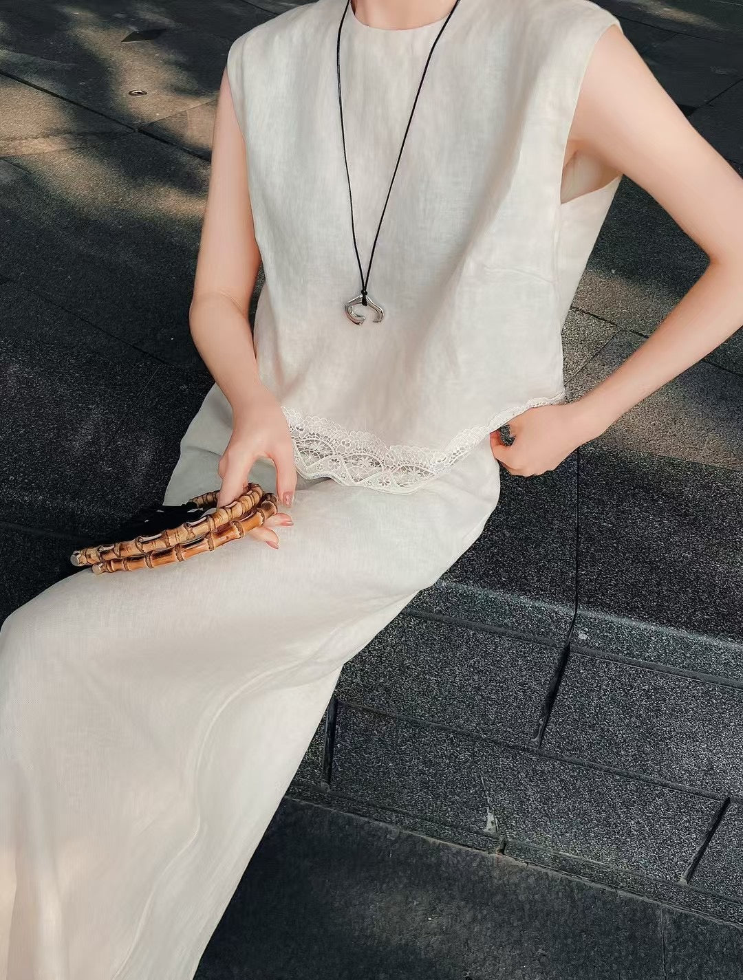 Lor*P 25ss lace trim vest and long skirt suit