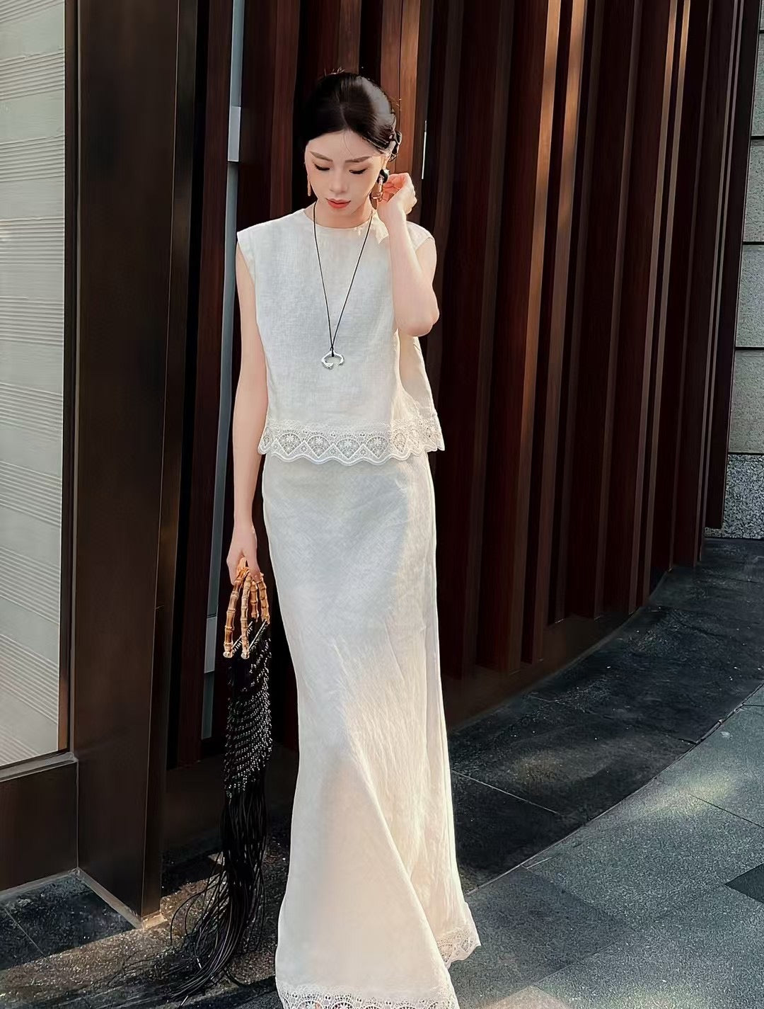 Lor*P 25ss lace trim vest and long skirt suit