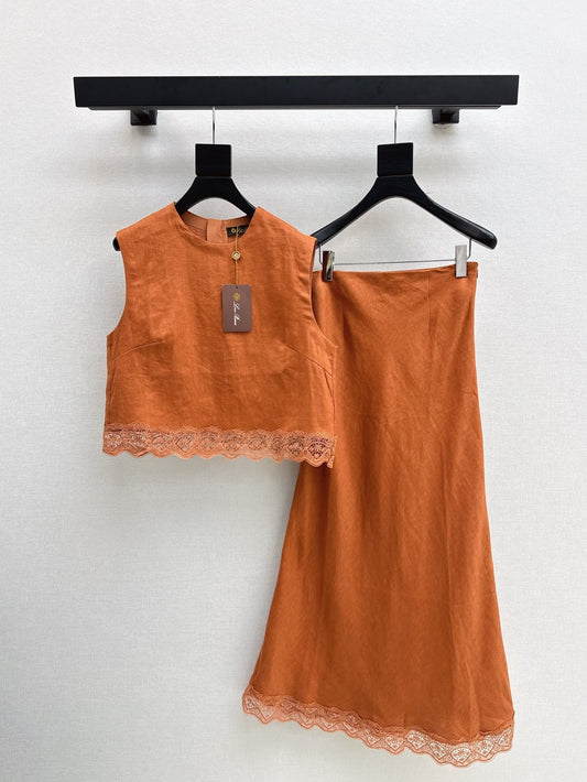 Lor*P 25ss lace trim vest and long skirt suit