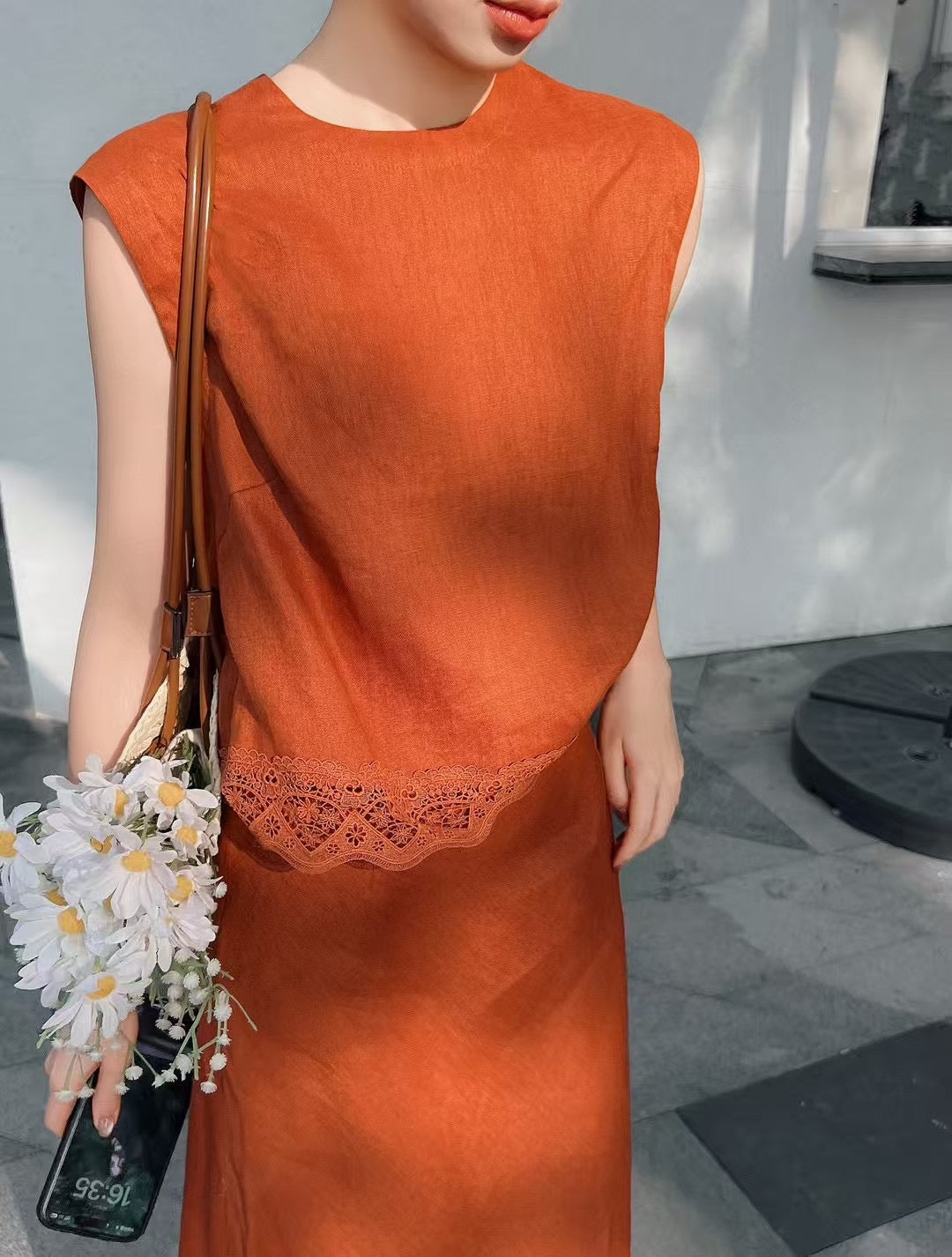 Lor*P 25ss lace trim vest and long skirt suit