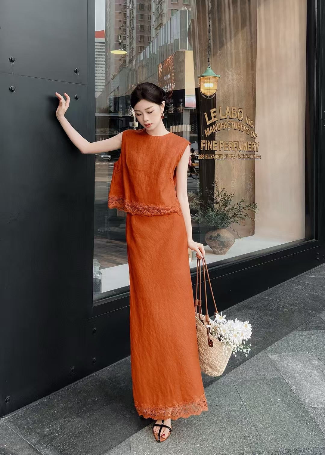 Lor*P 25ss lace trim vest and long skirt suit