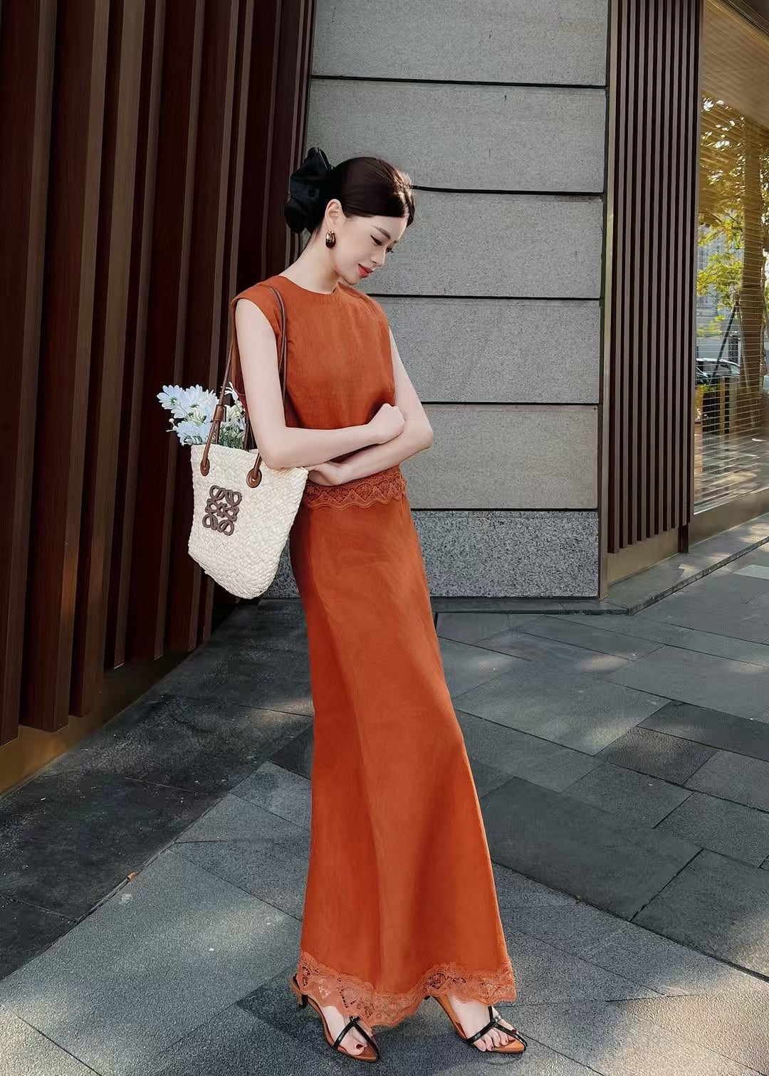 Lor*P 25ss lace trim vest and long skirt suit