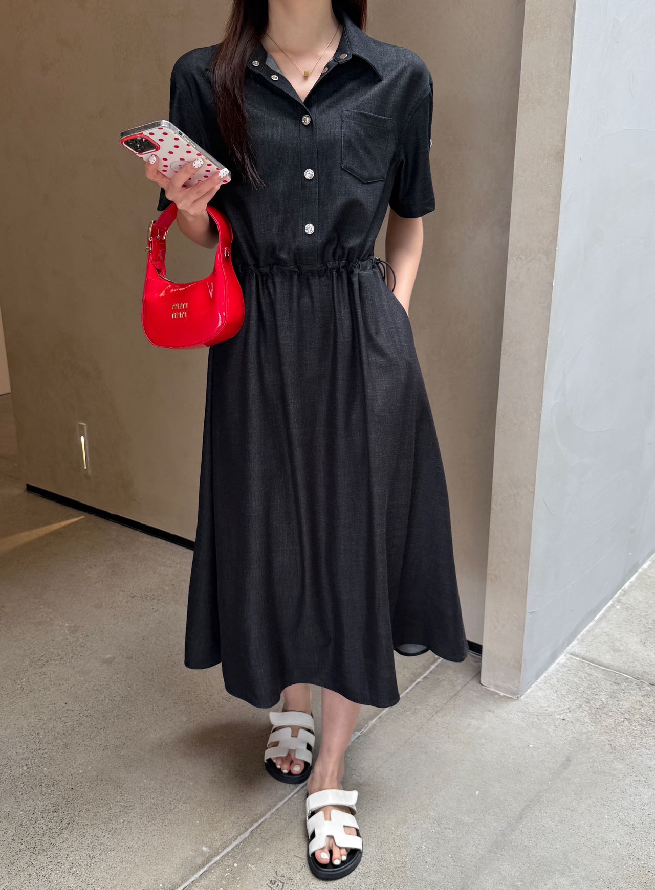 Monc* 25ss mid-length drawstring shirt dress