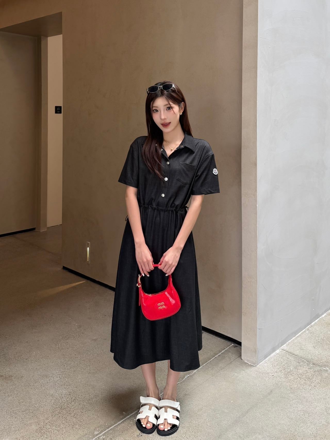 Monc* 25ss mid-length drawstring shirt dress