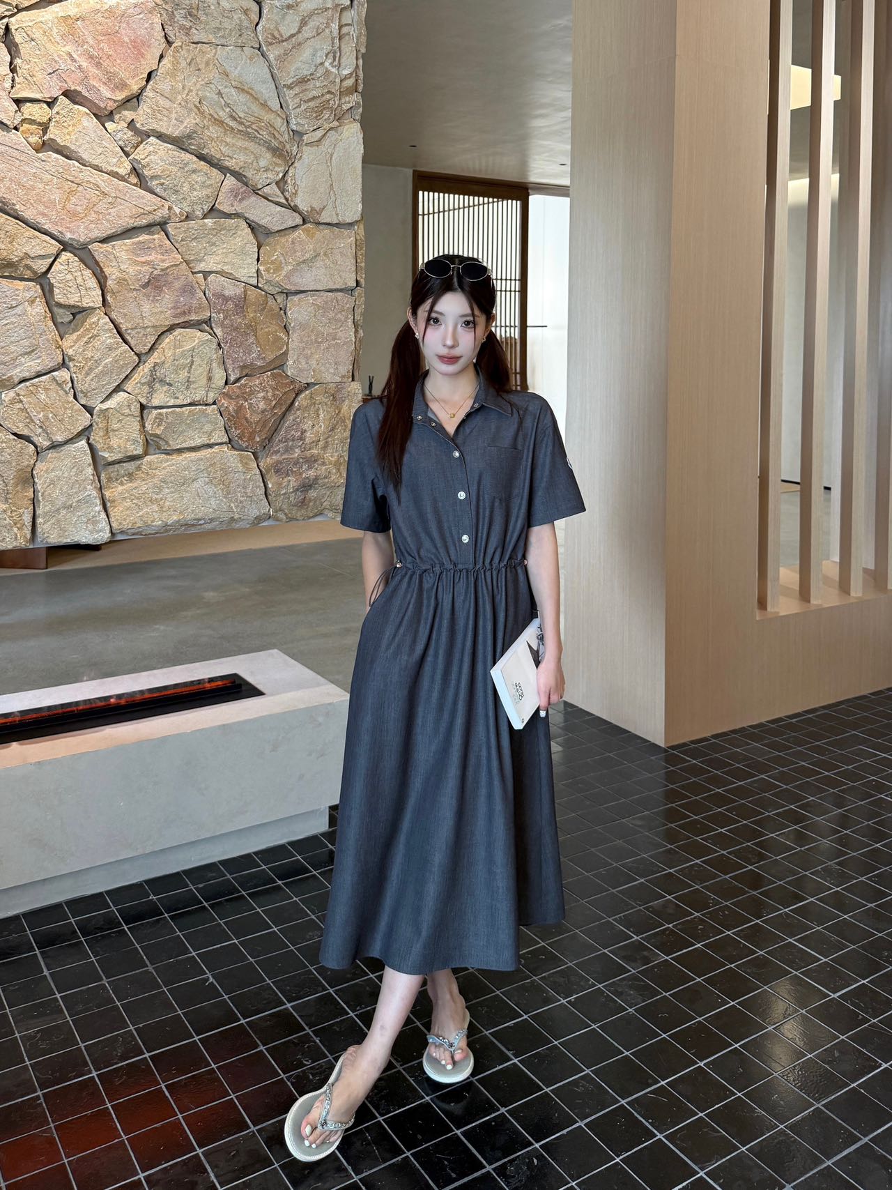 Monc* 25ss mid-length drawstring shirt dress