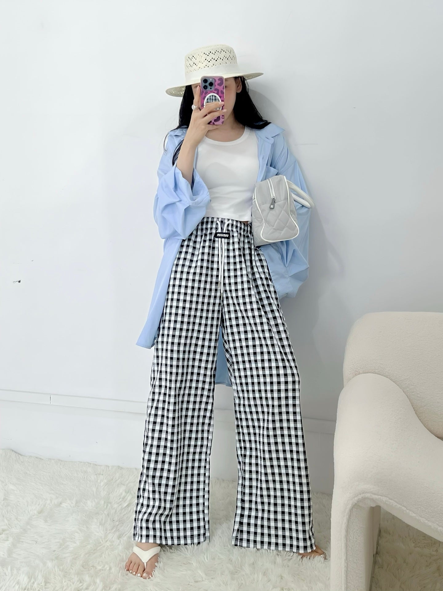 M*u 25ss check drawstring pants