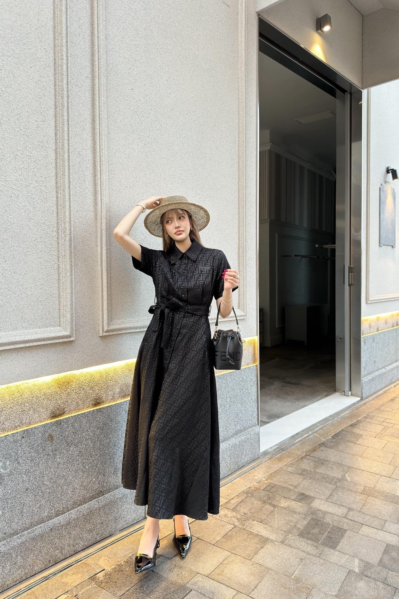 Fd* 25ss FF printed tied belt shirt dress