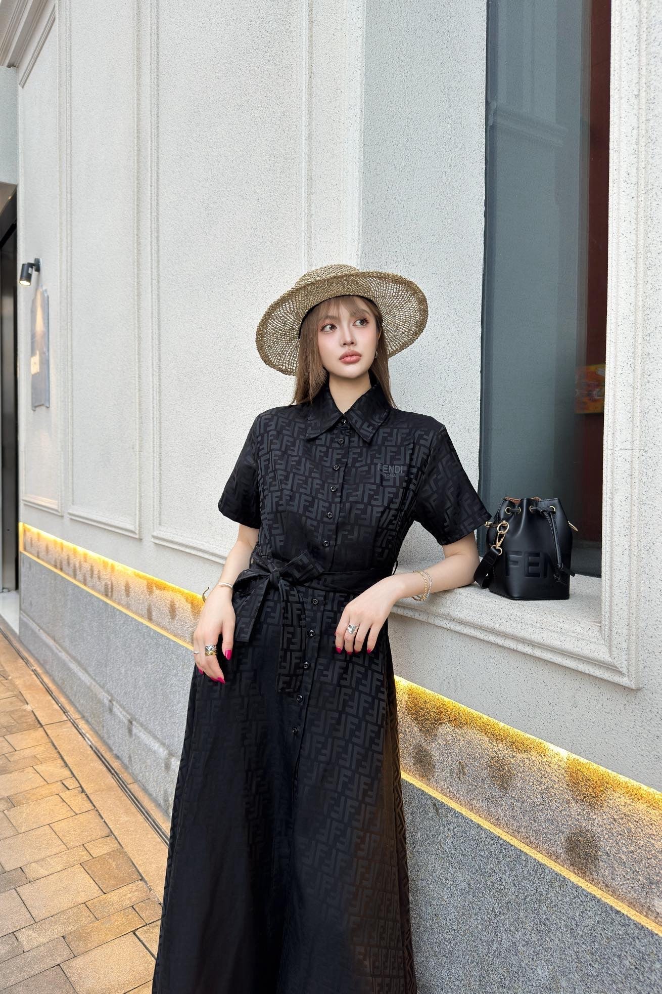 Fd* 25ss FF printed tied belt shirt dress