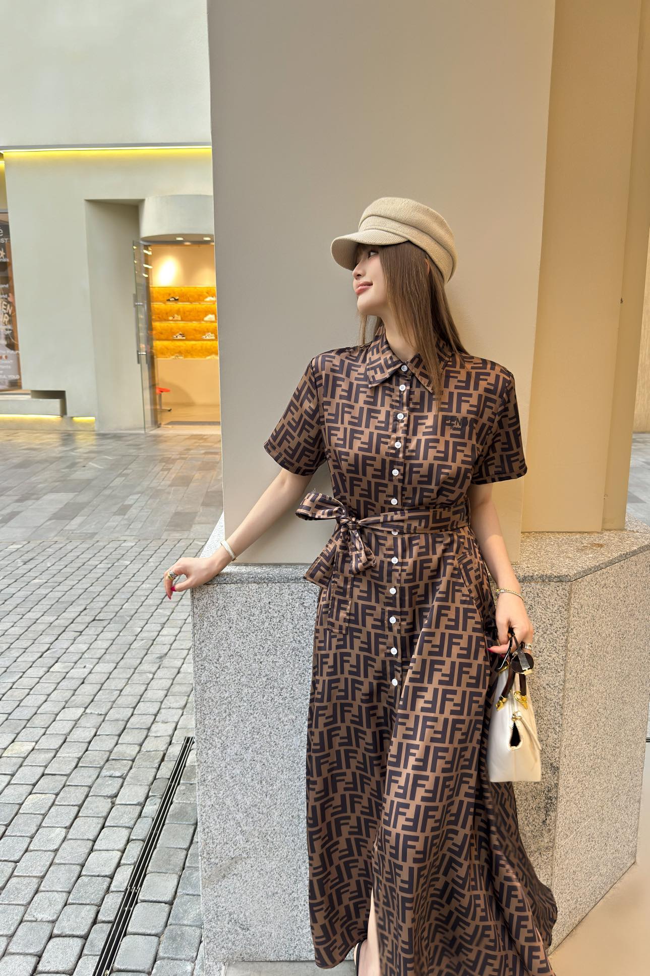Fd* 25ss FF printed tied belt shirt dress