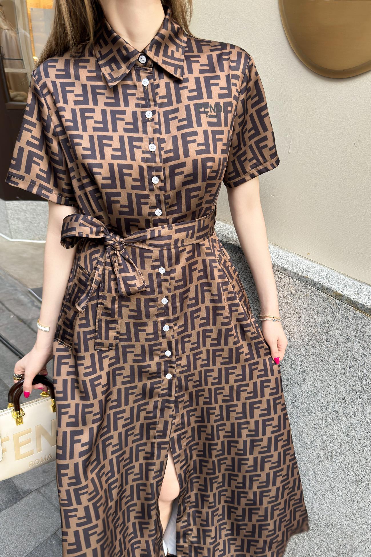 Fd* 25ss FF printed tied belt shirt dress