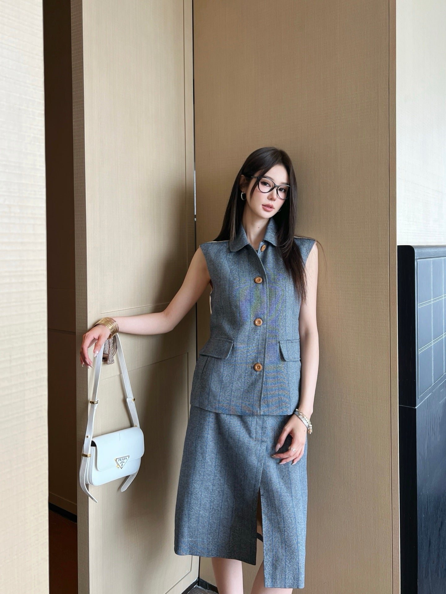 Pra* 25ss striped vest and blazer skirt suit