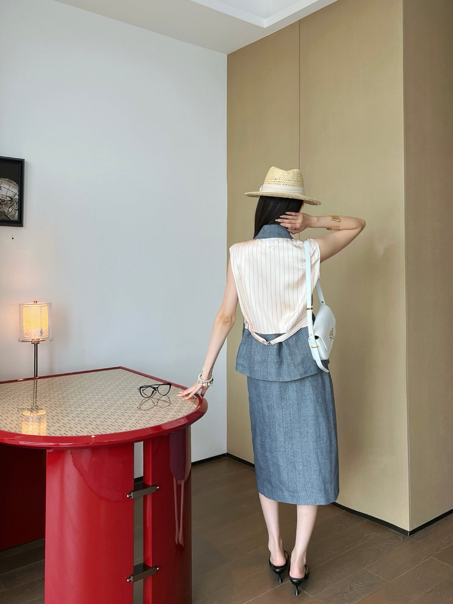 Pra* 25ss striped vest and blazer skirt suit