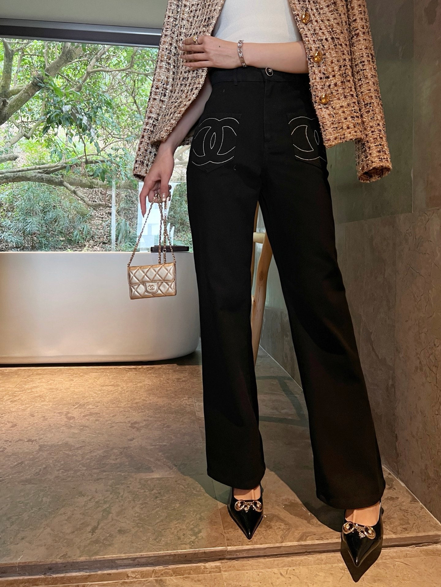 C*nel 25ss logo embroidered cotton pants