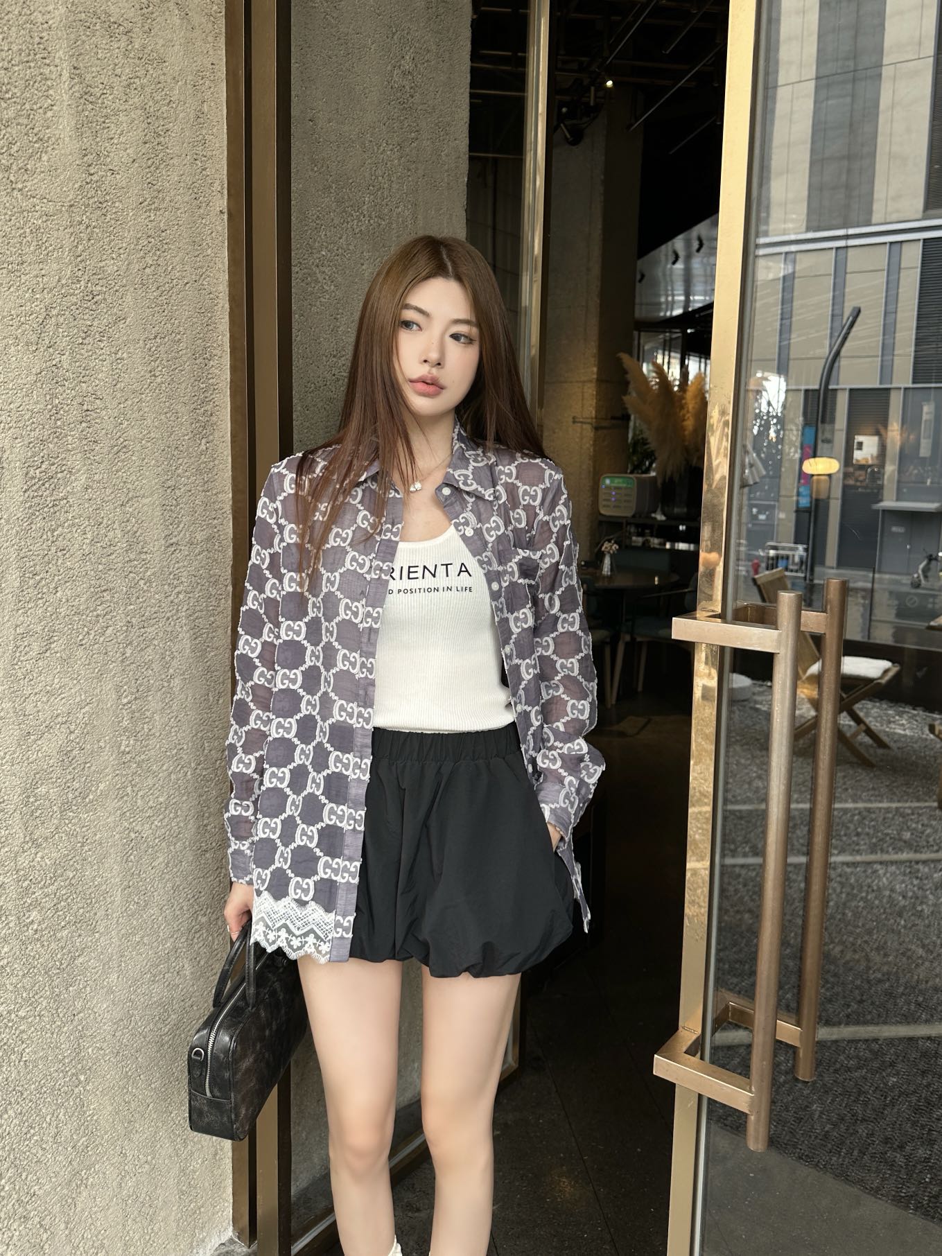 Gu* 25ss GG jacquard lace trim  shirt