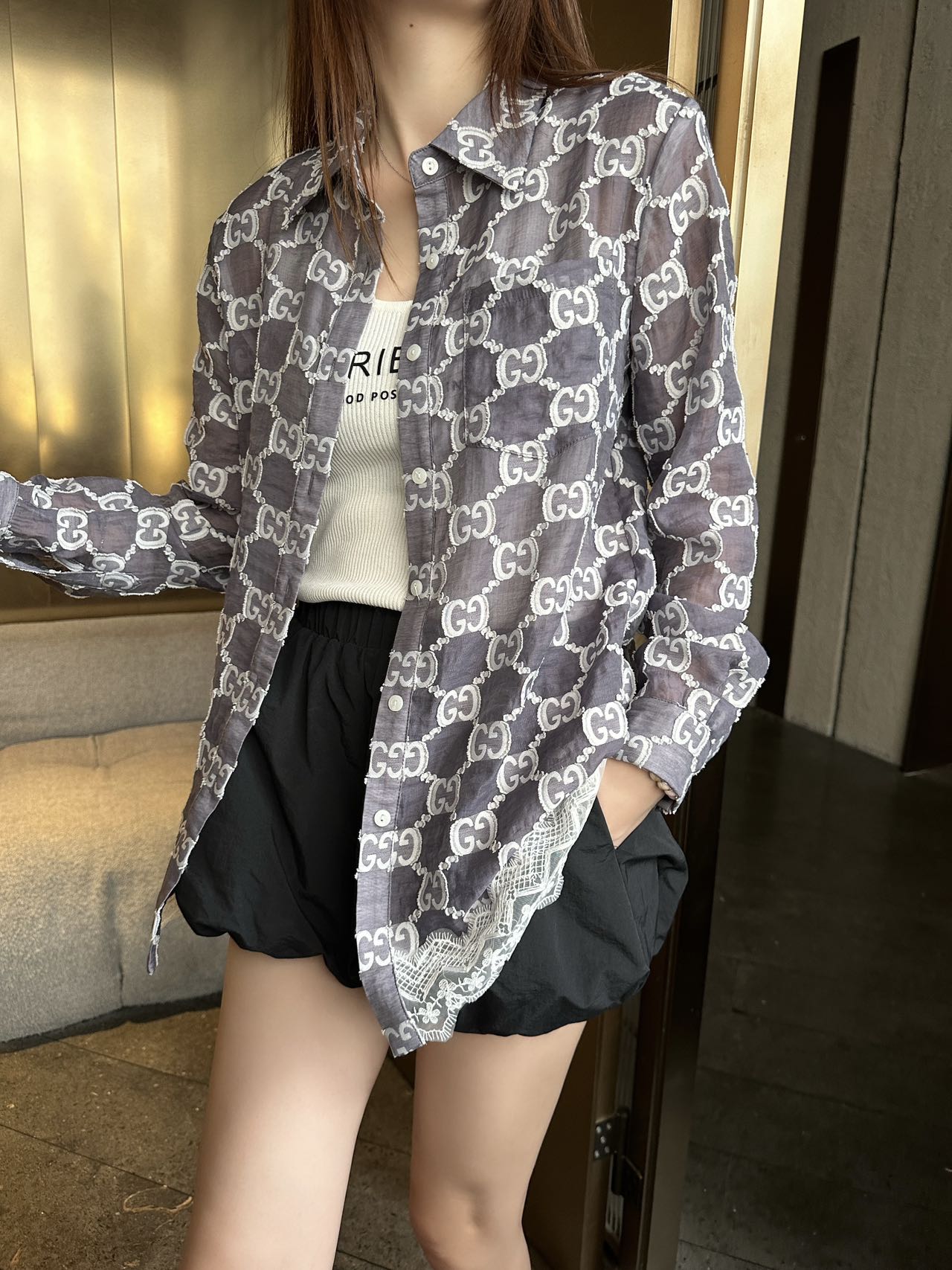 Gu* 25ss GG jacquard lace trim  shirt