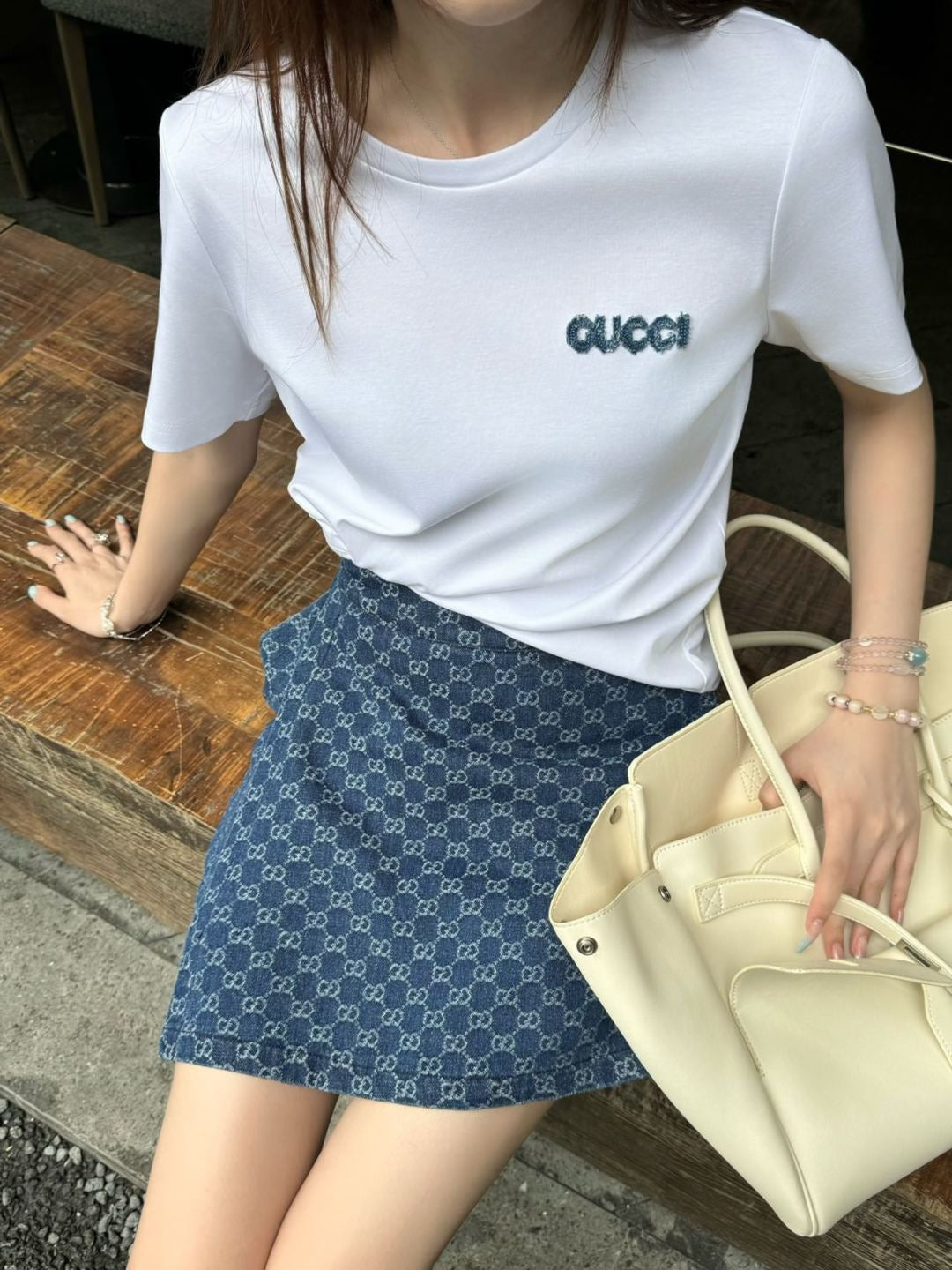 Gu* 25ss cotton jersey t-shirt and GG denim skort suit
