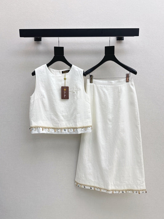 Lor*P 25ss lace trim cropped vest and skirt suit