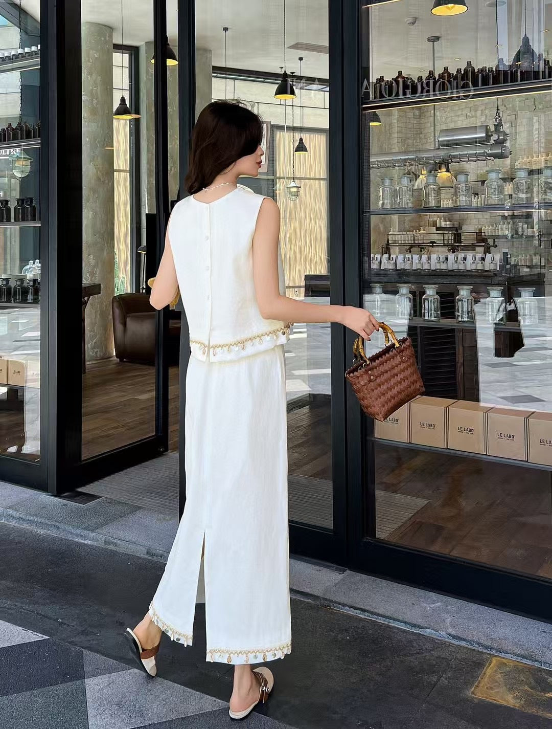 Lor*P 25ss lace trim cropped vest and skirt suit