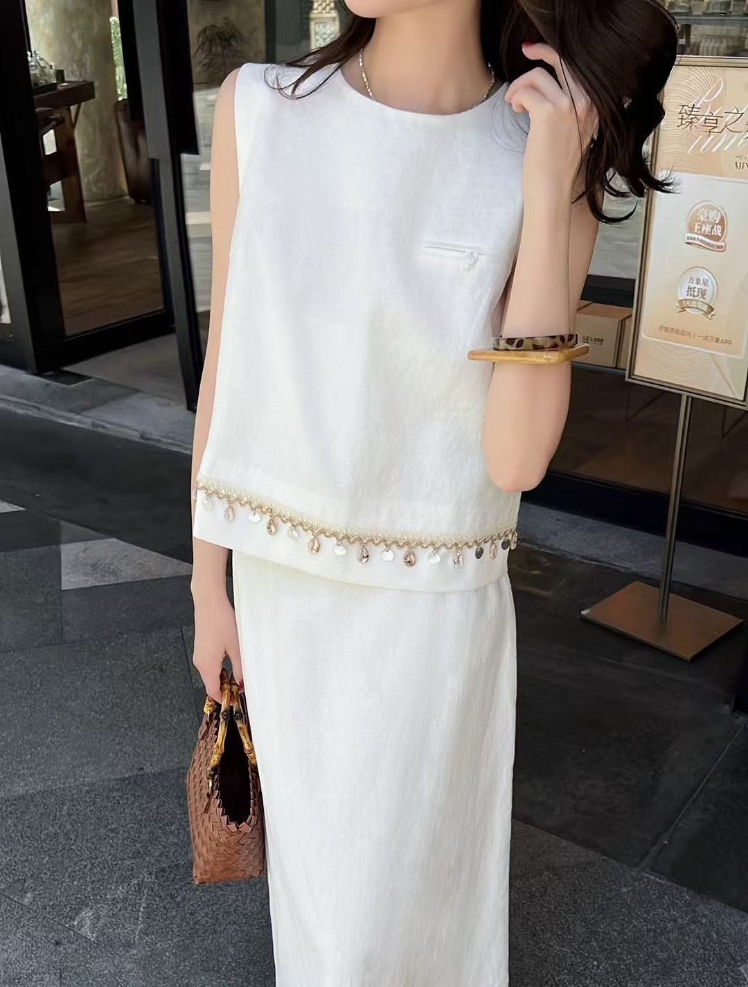 Lor*P 25ss lace trim cropped vest and skirt suit