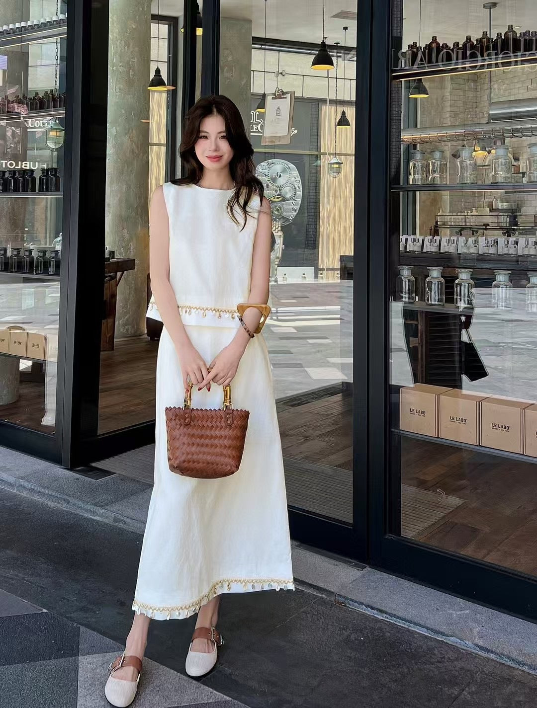 Lor*P 25ss lace trim cropped vest and skirt suit