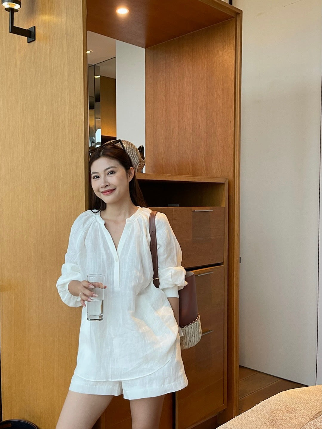 Lor*P 25ss loose linen shirt and elastic waist shorts suit