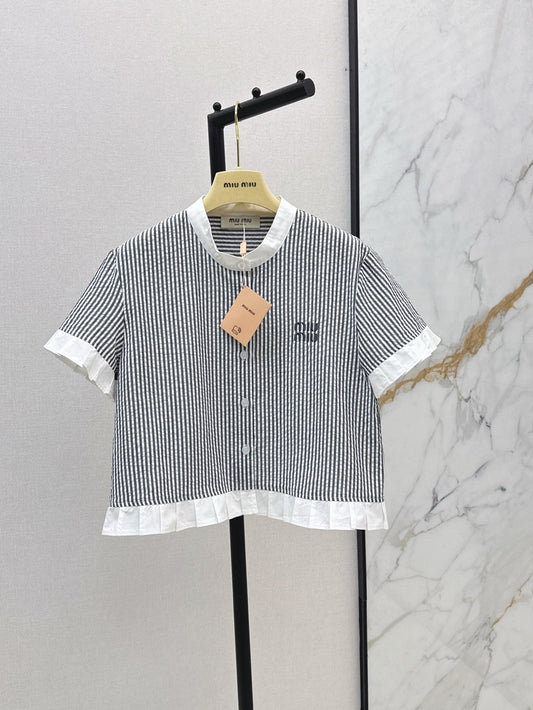 M*u 25ss striped crop pleated shirt