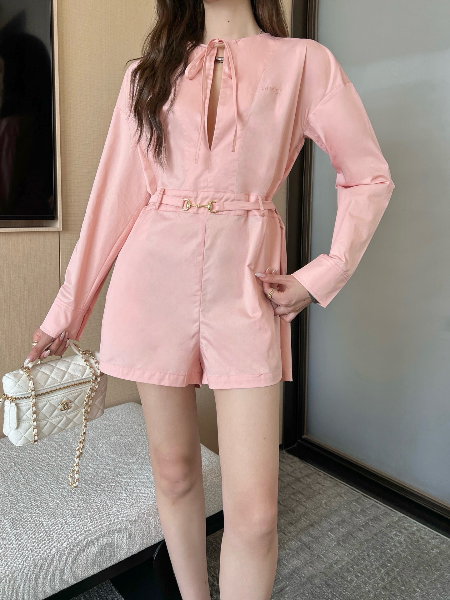 Gu* 25ss tied collar belt jumpsuit