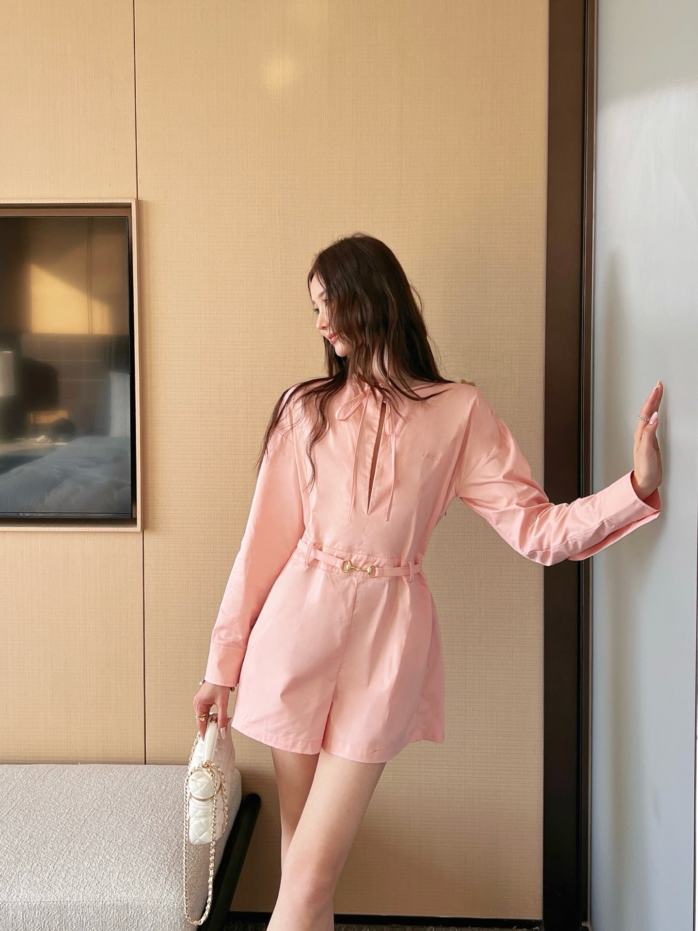 Gu* 25ss tied collar belt jumpsuit