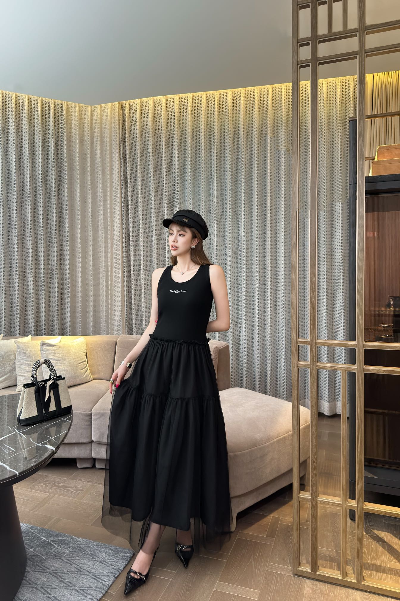 D*r 25ss mid-length mesh flared dress