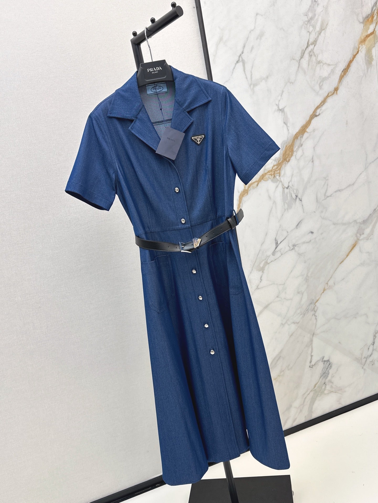 Pra* 25ss mid-length belted denim dress