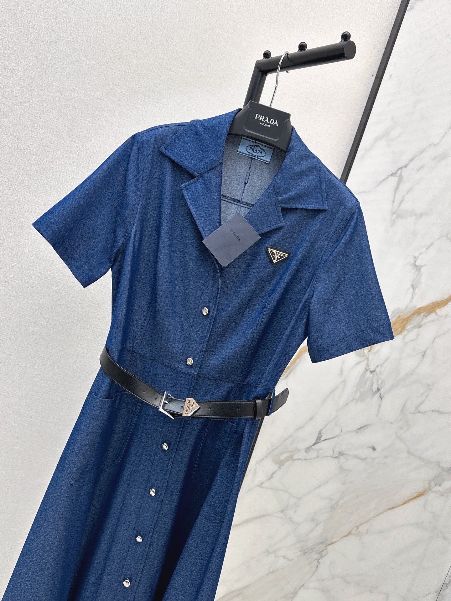 Pra* 25ss mid-length belted denim dress