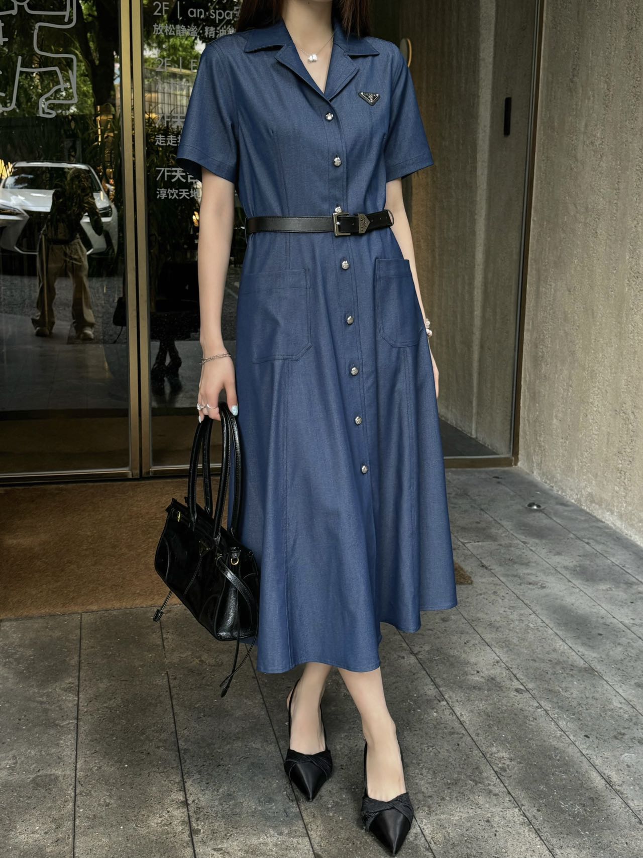 Pra* 25ss mid-length belted denim dress